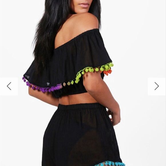 Plunge higg waisted black swim/bathing suit & neon pom pom fringe boho coverup - Picture 5 of 11
